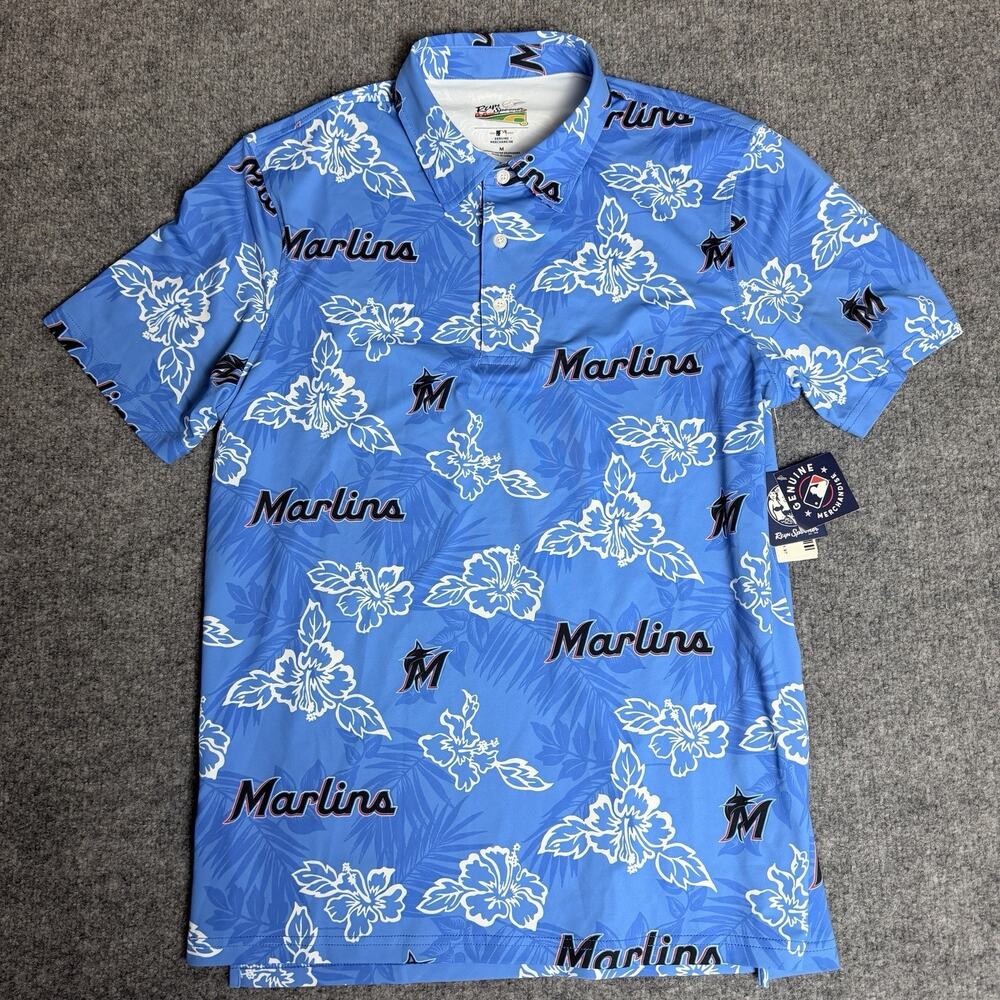 Reyn Spooner MLB Mens M Miami Marlins Performance Polo Turquoise Knit Hawaiian